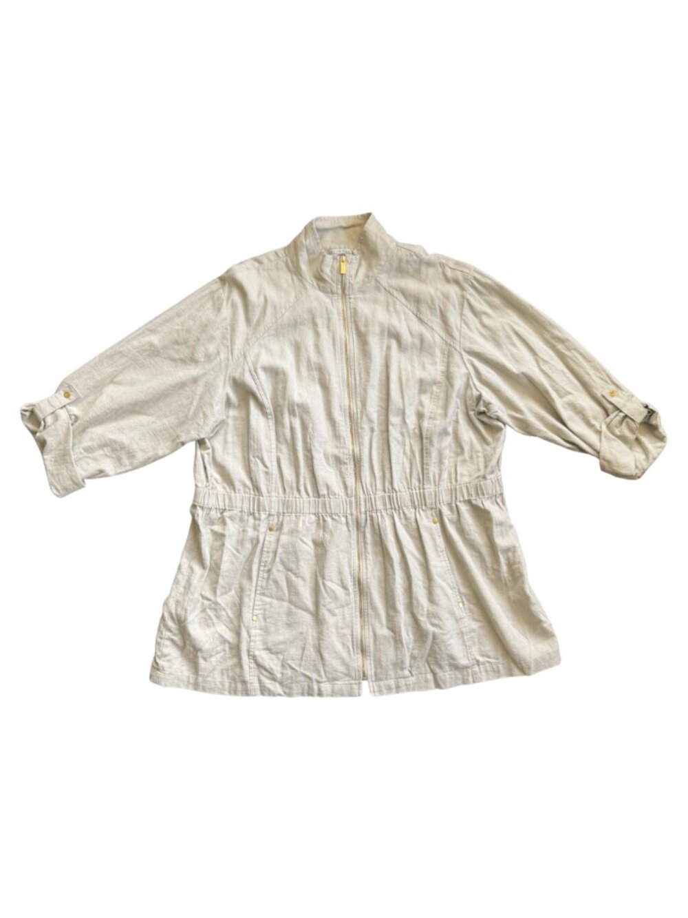 Ellen Tracy Linen Utility Zip Jacket Natural Oatmeal 2X Gold Hardware Like New